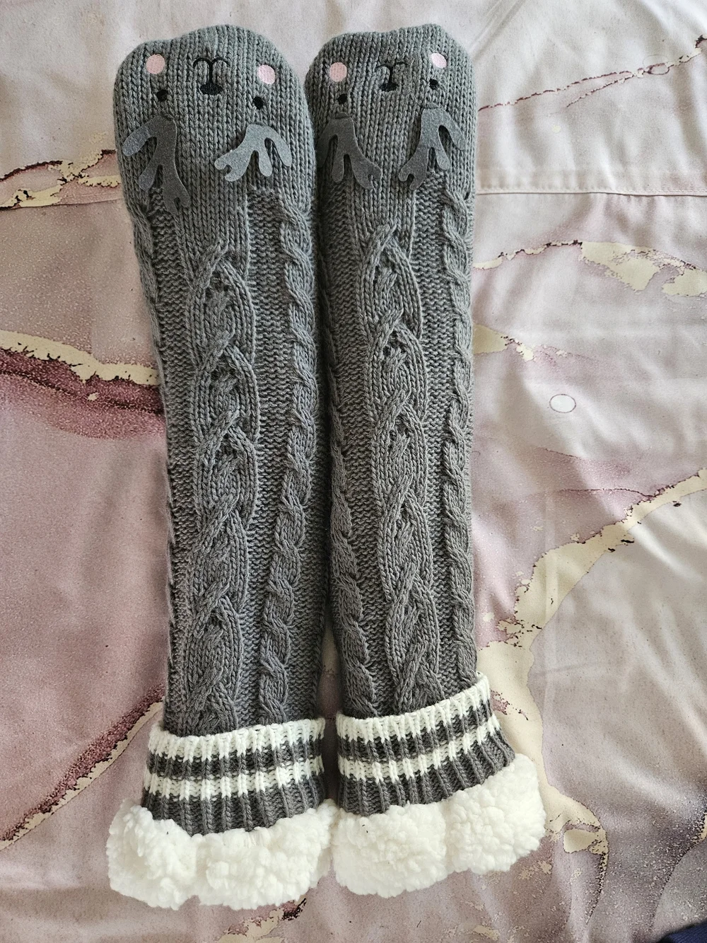 Cozy Gray Cable-Knit Women's Sweater Socks with Sherpa Cuff